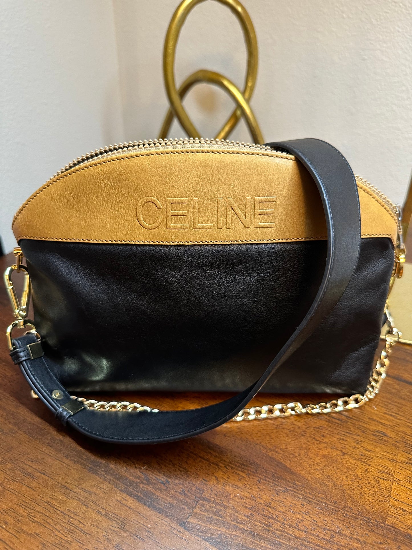 Vintage Celine leather clutch ~ black/tan