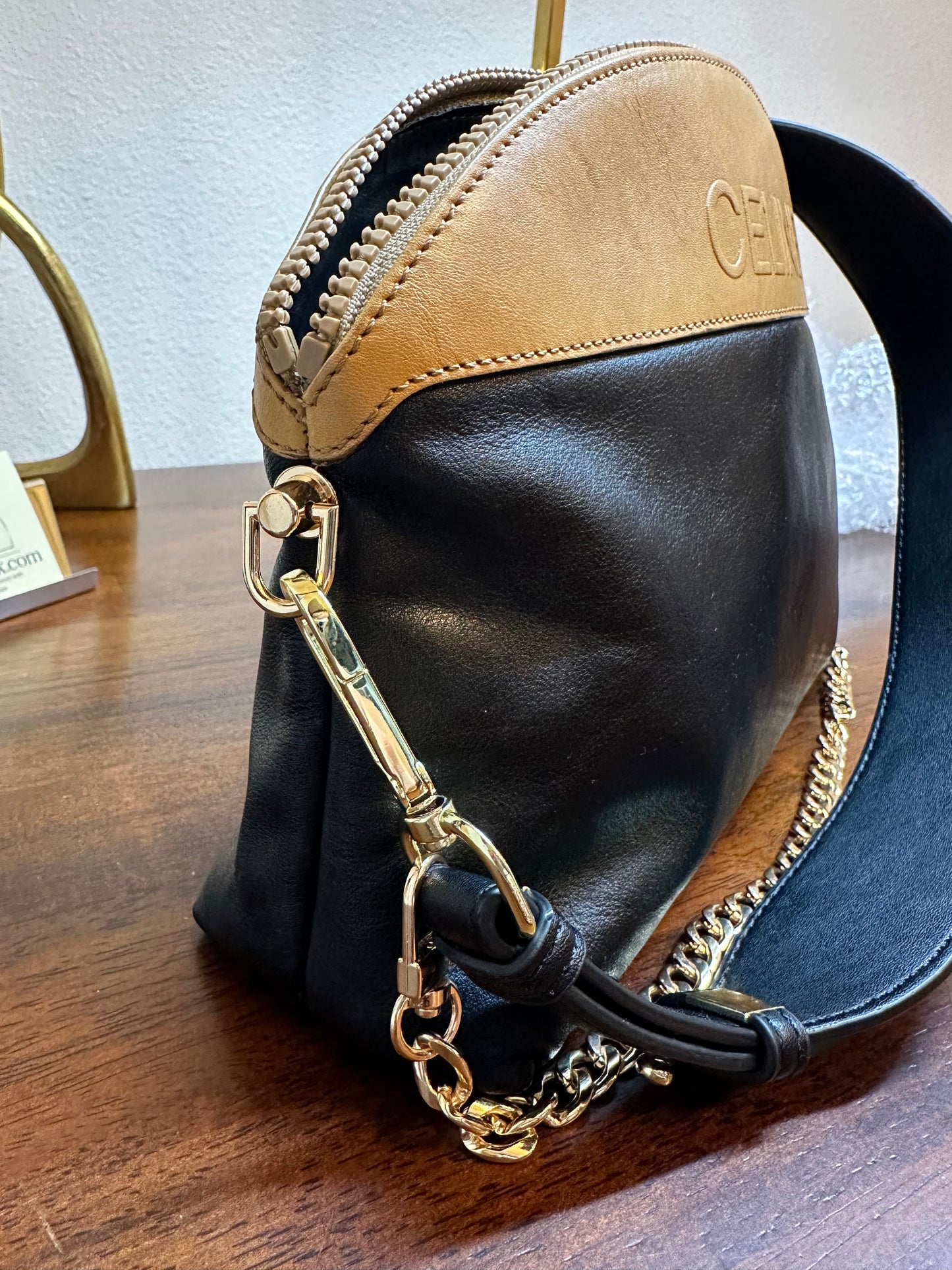 Vintage Celine leather clutch ~ black/tan