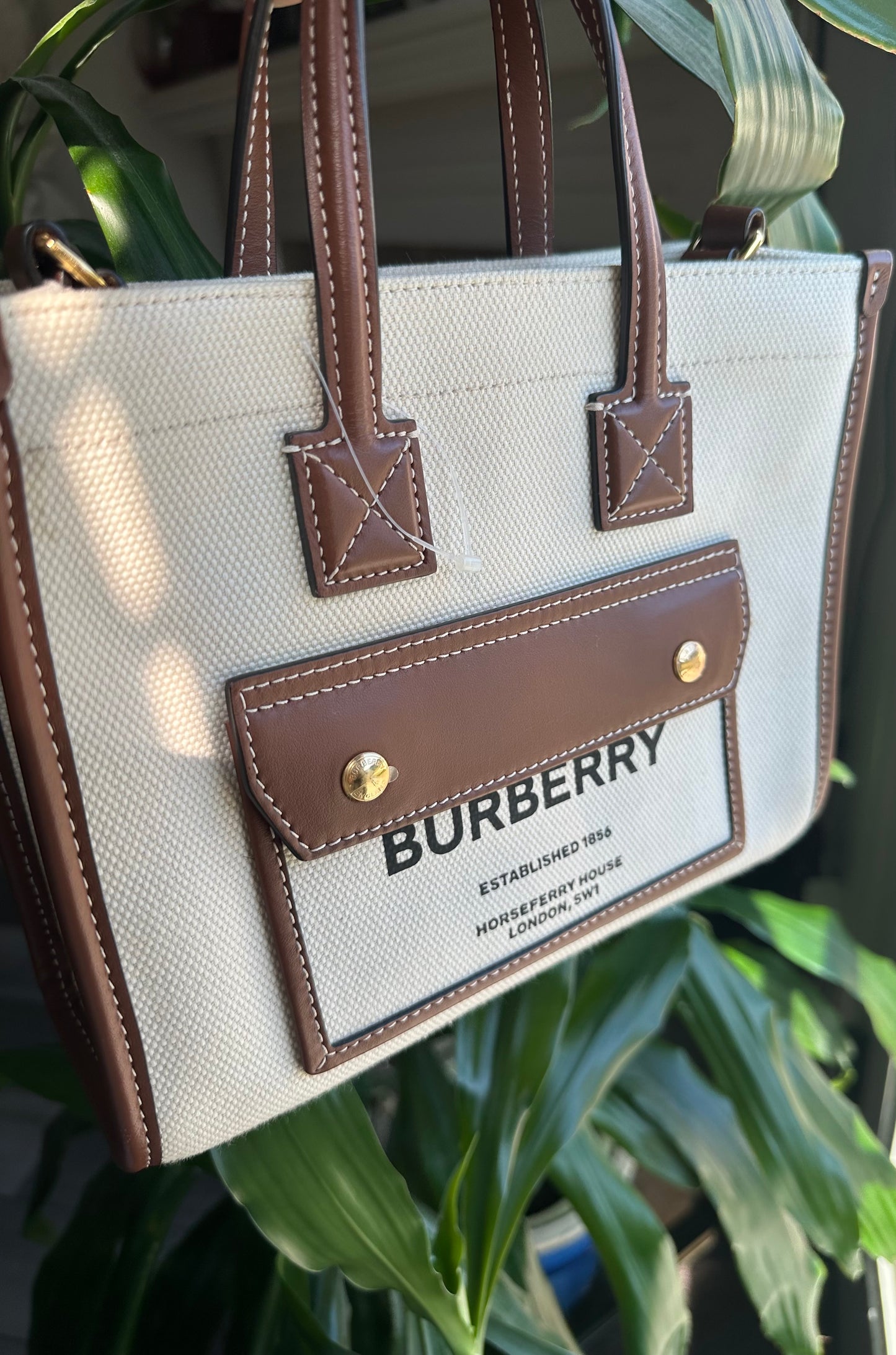 New Burberry Mini Freya Tote Bag Cotton x Calf Natural Tan