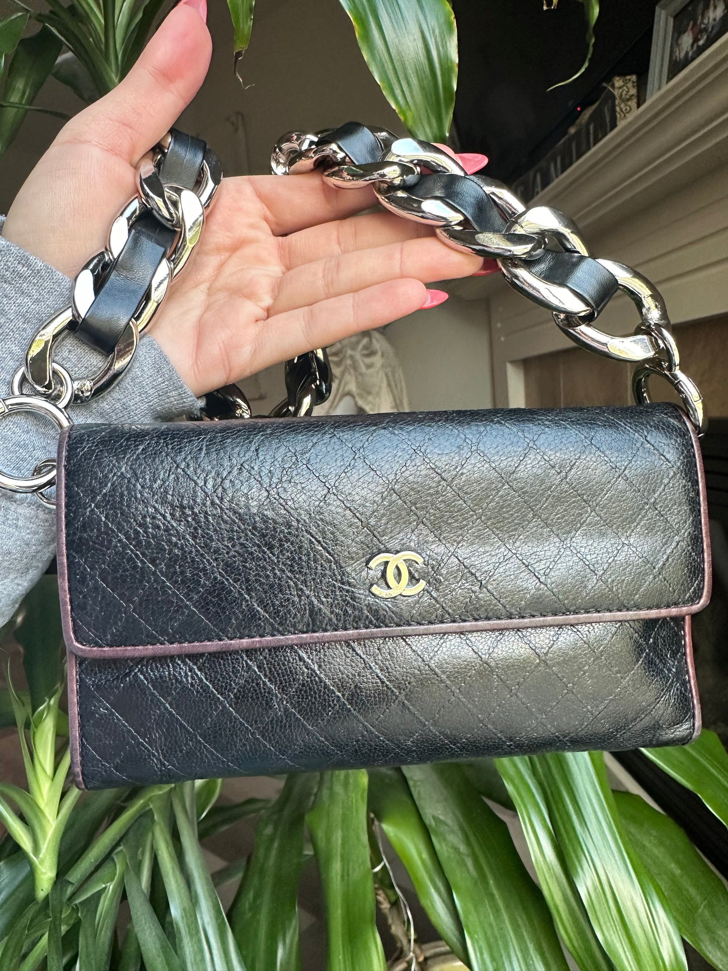 CHANEL Calf Skin Diamond Stitch CC Logo Long Flap Wallet On A Chain