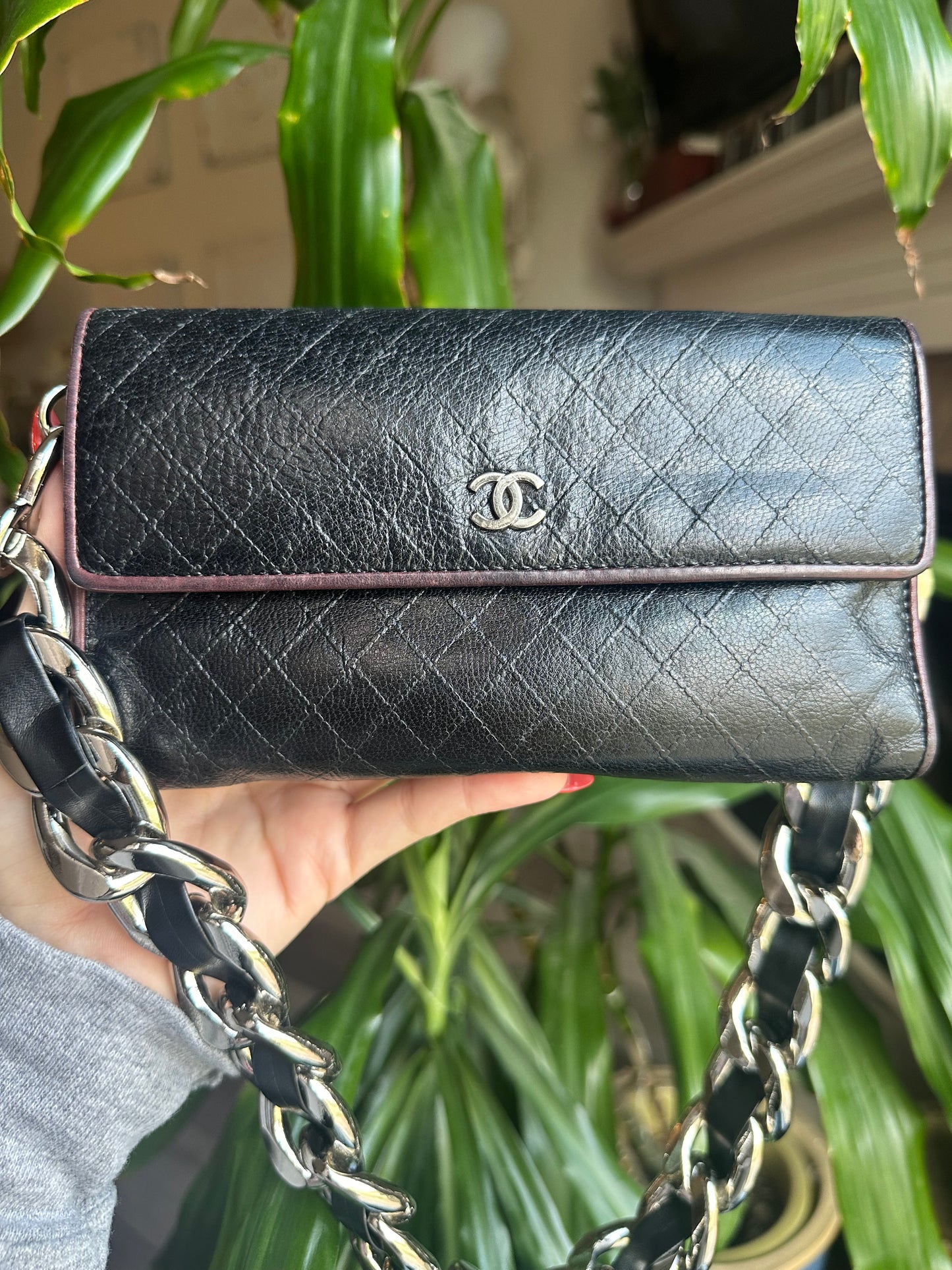 CHANEL Calf Skin Diamond Stitch CC Logo Long Flap Wallet On A Chain