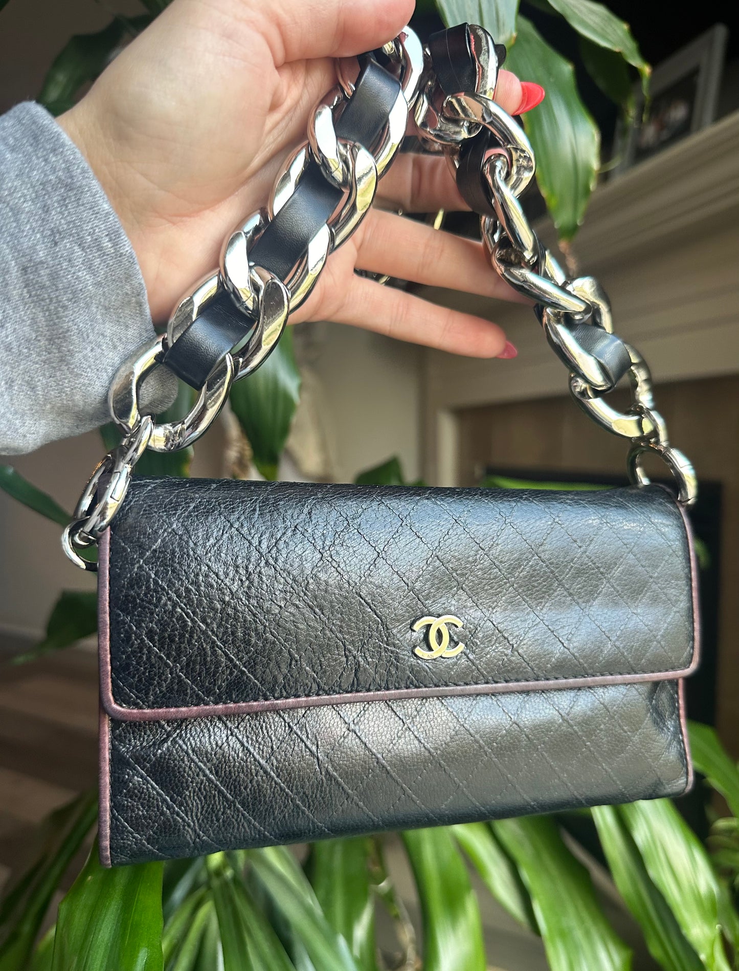 CHANEL Calf Skin Diamond Stitch CC Logo Long Flap Wallet On A Chain