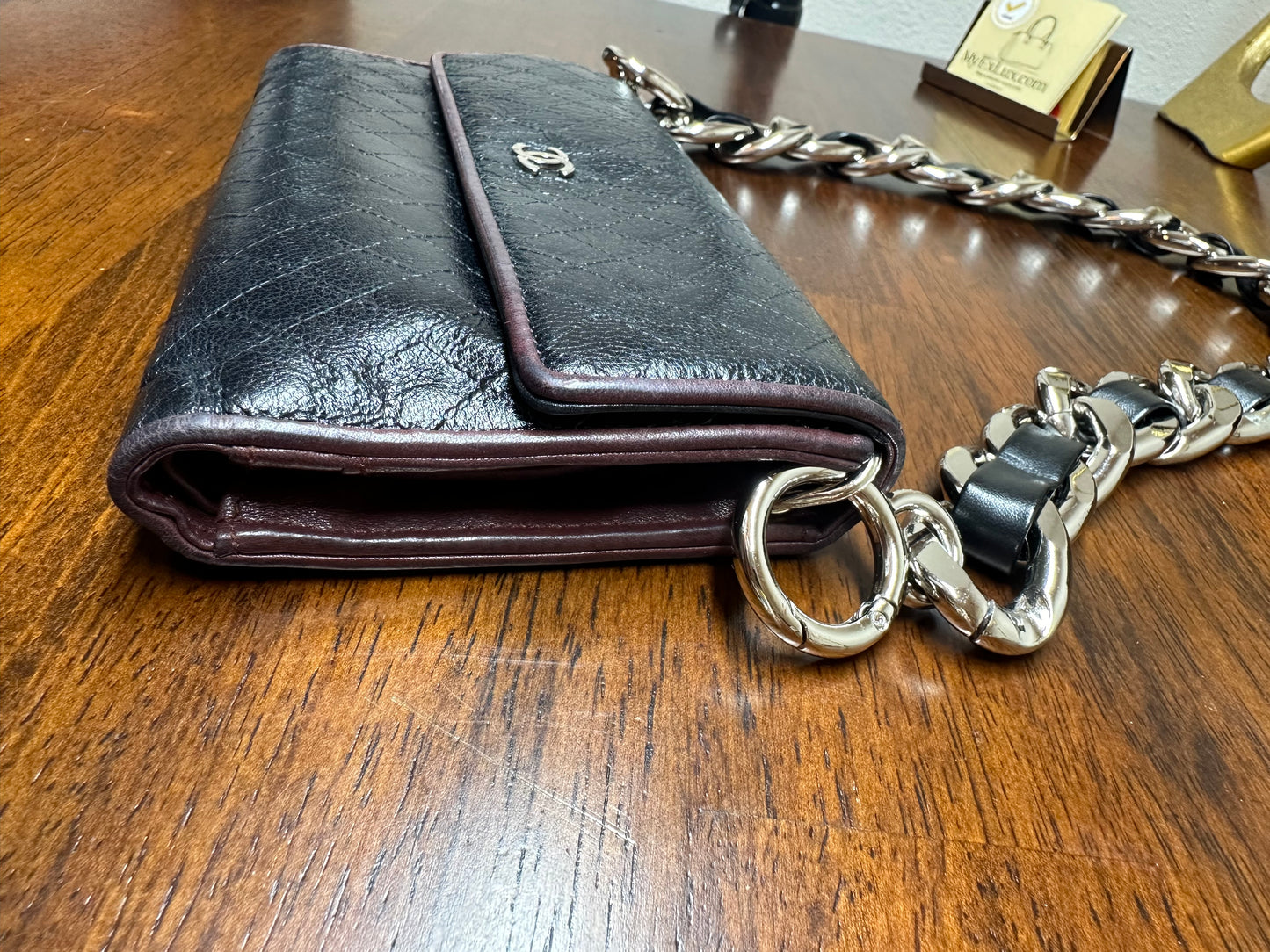 CHANEL Calf Skin Diamond Stitch CC Logo Long Flap Wallet On A Chain