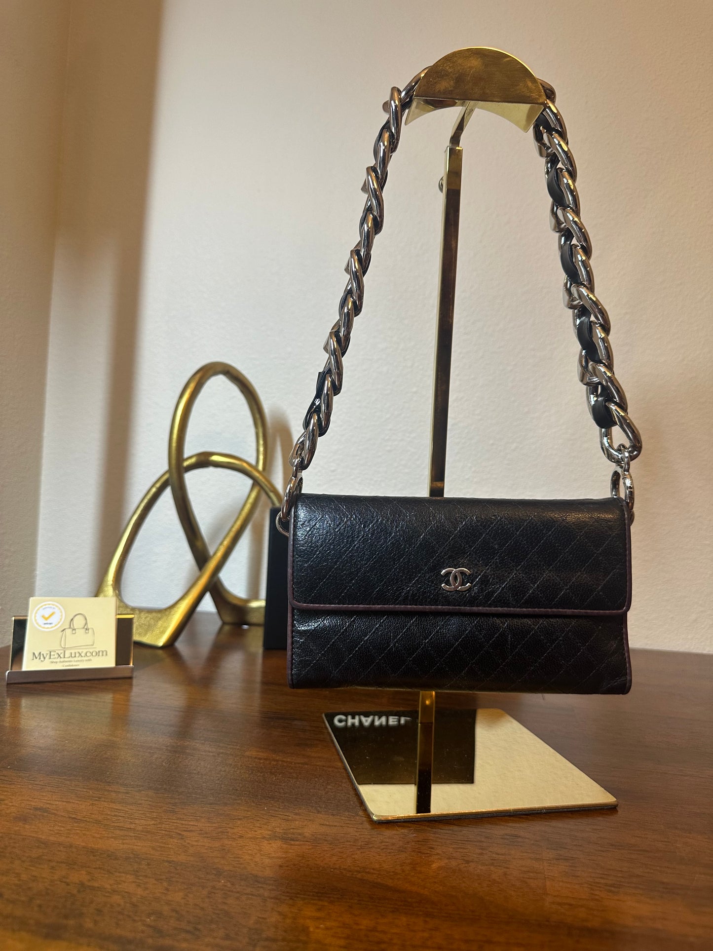 CHANEL Calf Skin Diamond Stitch CC Logo Long Flap Wallet On A Chain