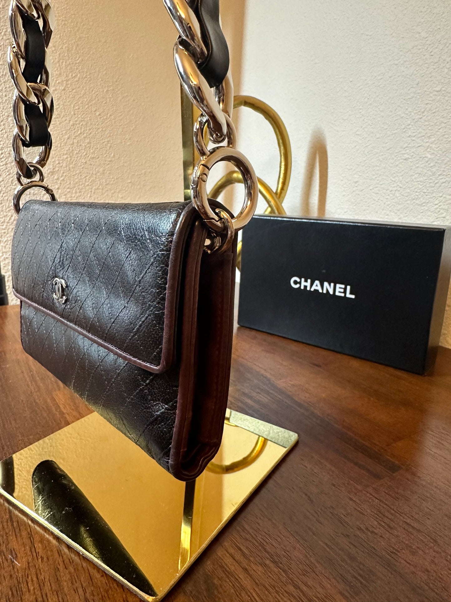 CHANEL Calf Skin Diamond Stitch CC Logo Long Flap Wallet On A Chain