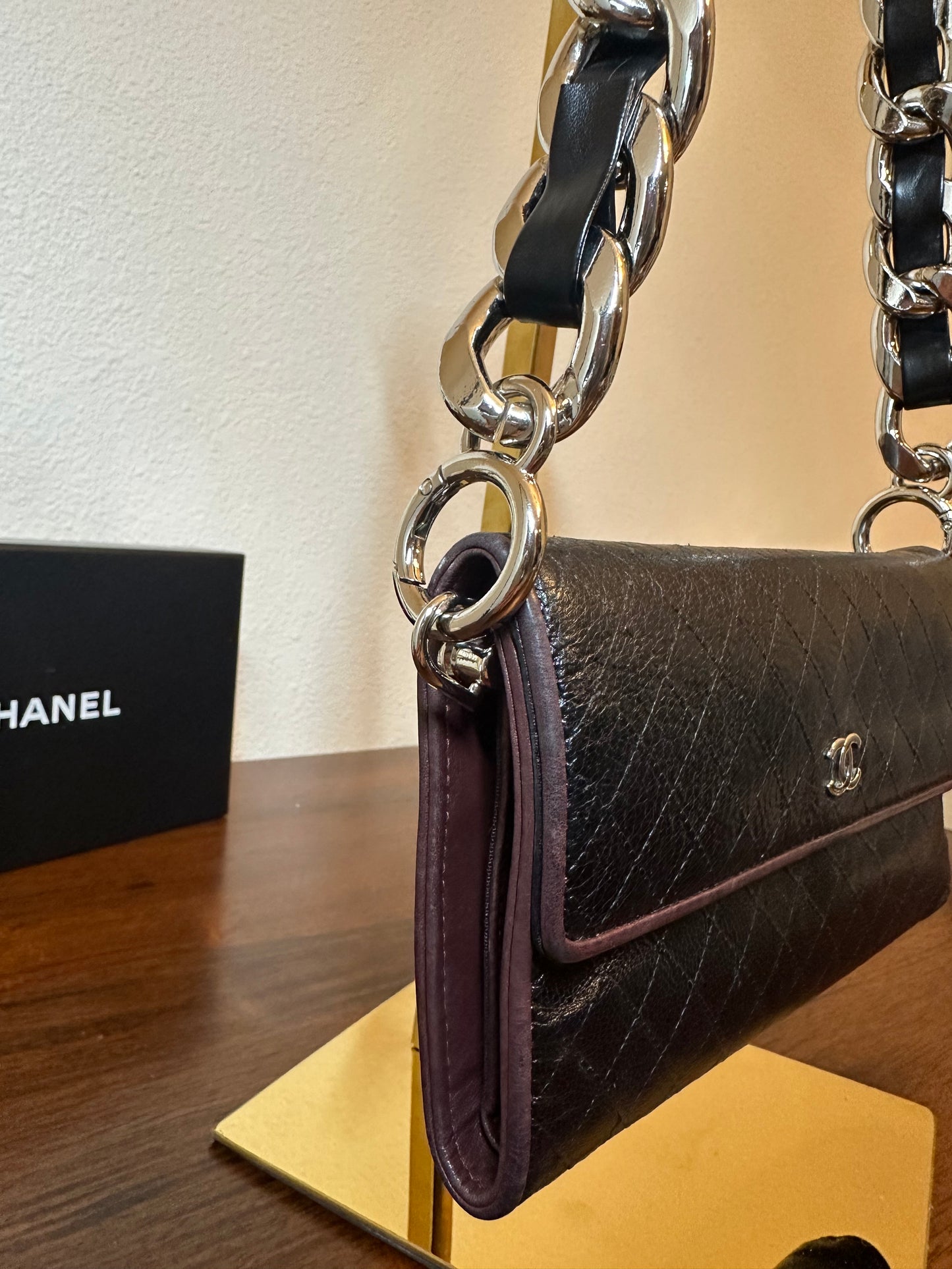 CHANEL Calf Skin Diamond Stitch CC Logo Long Flap Wallet On A Chain