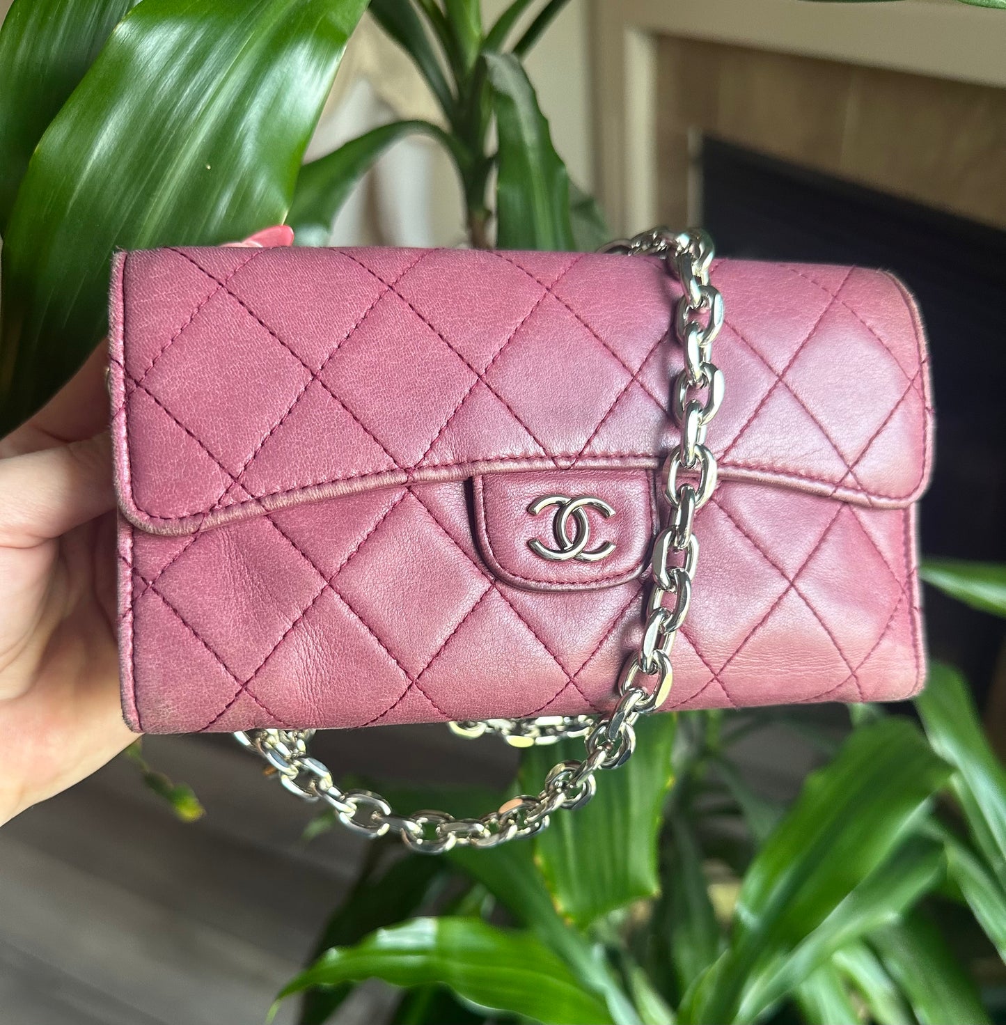 Chanel Long Wallet Lambskin Leather on chain -plum purple color