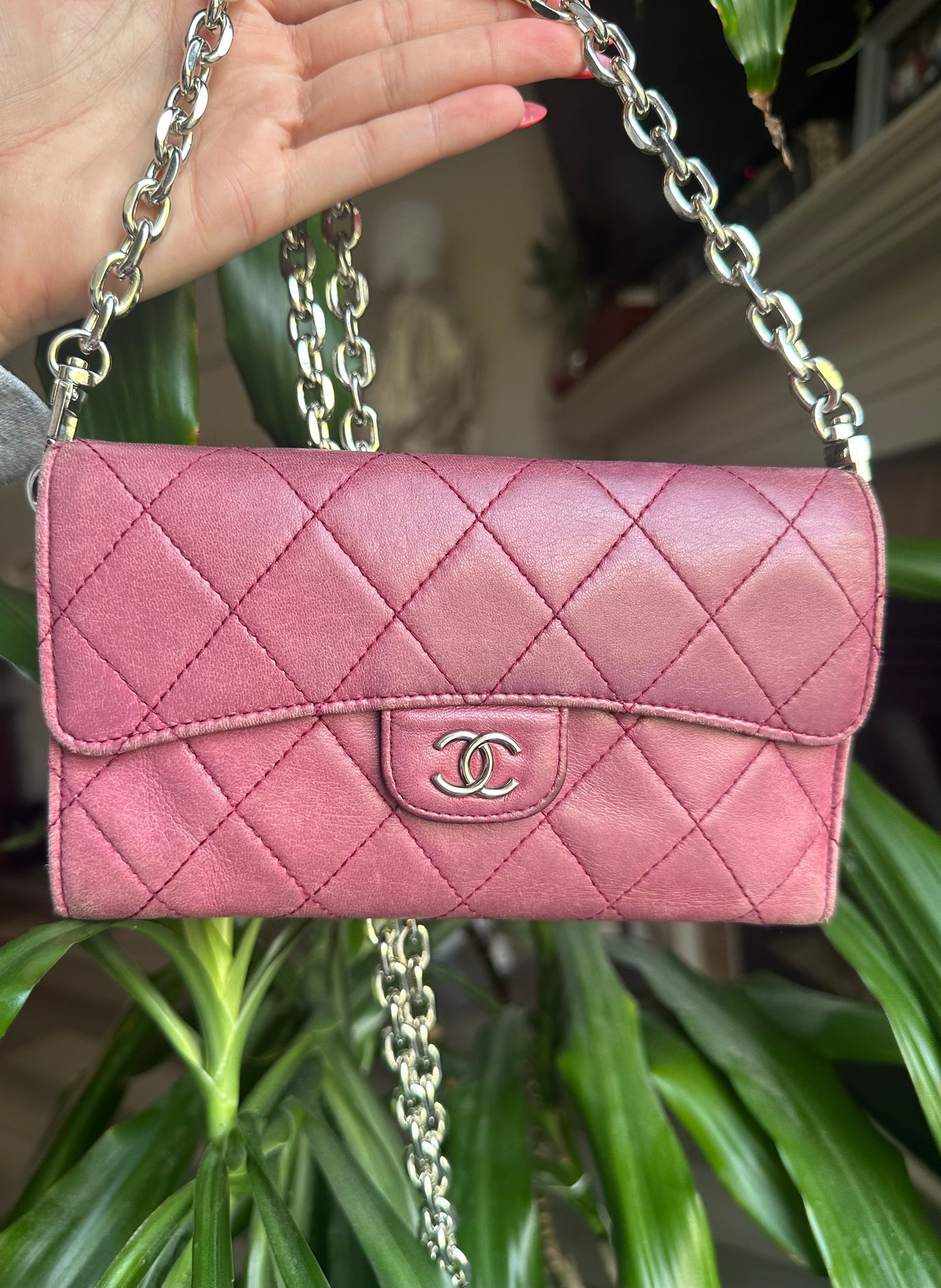 Chanel Long Wallet Lambskin Leather on chain -plum purple color