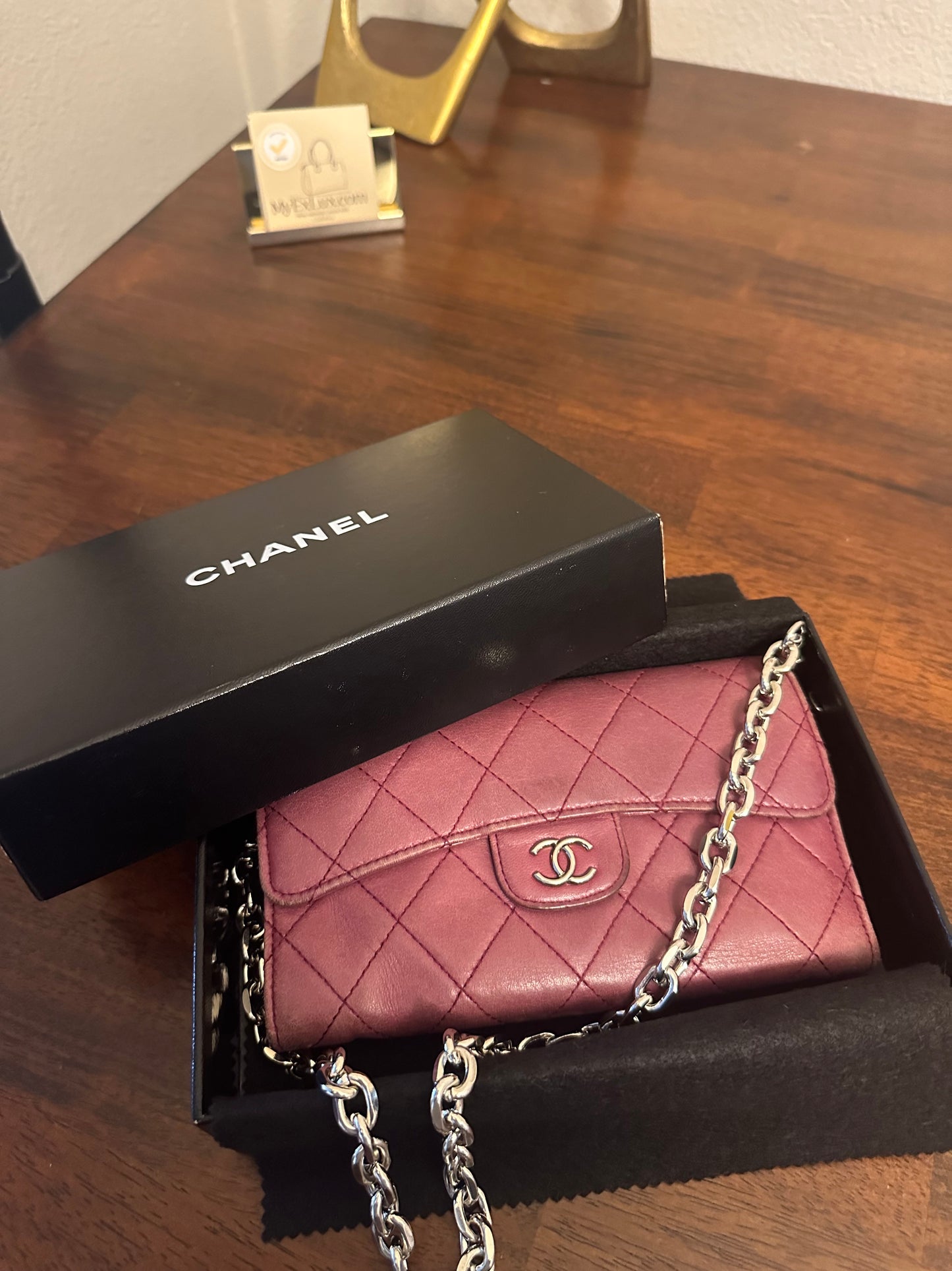 Chanel Long Wallet Lambskin Leather on chain -plum purple color