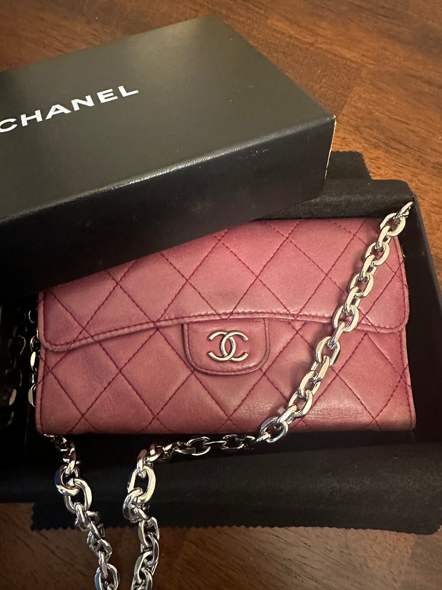 Chanel Long Wallet Lambskin Leather on chain -plum purple color