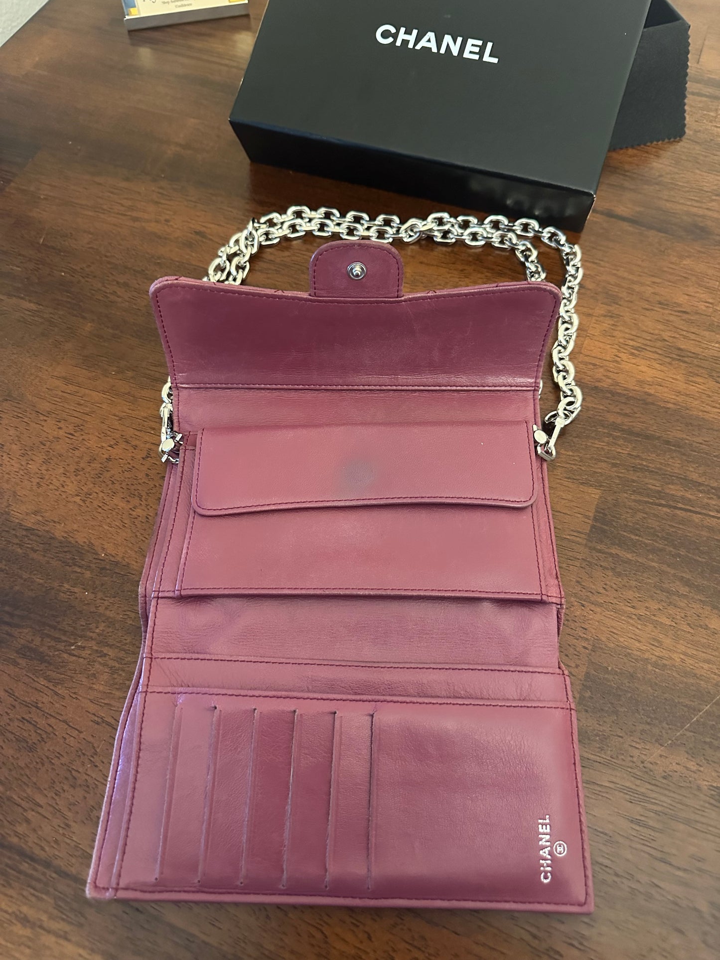 Chanel Long Wallet Lambskin Leather on chain -plum purple color