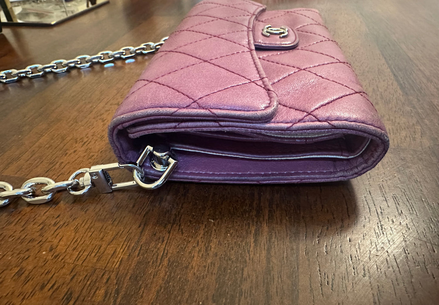 Chanel Long Wallet Lambskin Leather on chain -plum purple color