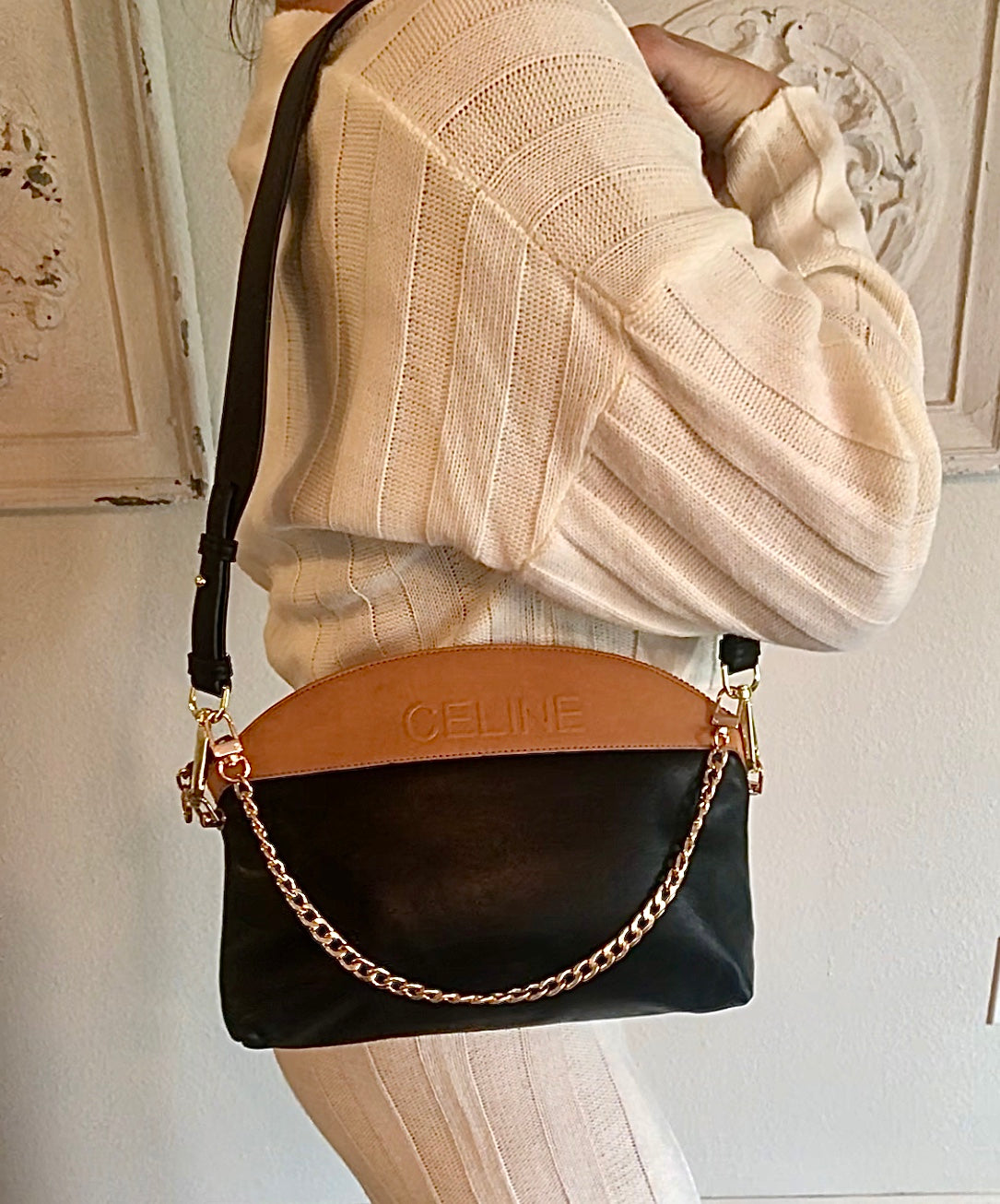 Vintage Celine leather clutch ~ black/tan