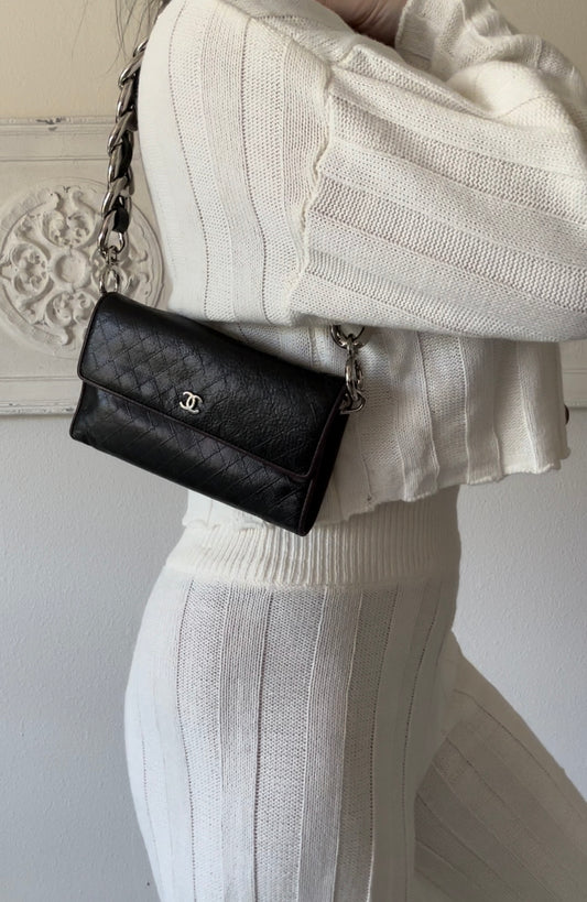 CHANEL Calf Skin Diamond Stitch CC Logo Long Flap Wallet On A Chain