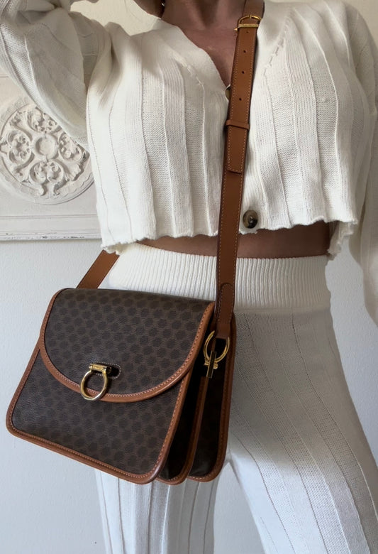 CELINE Macadam Crossbody Bag Vintage Canvas Leather Brown Purse