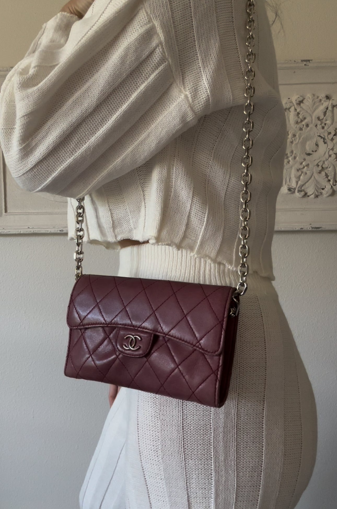 Chanel Long Wallet Lambskin Leather on chain -plum purple color