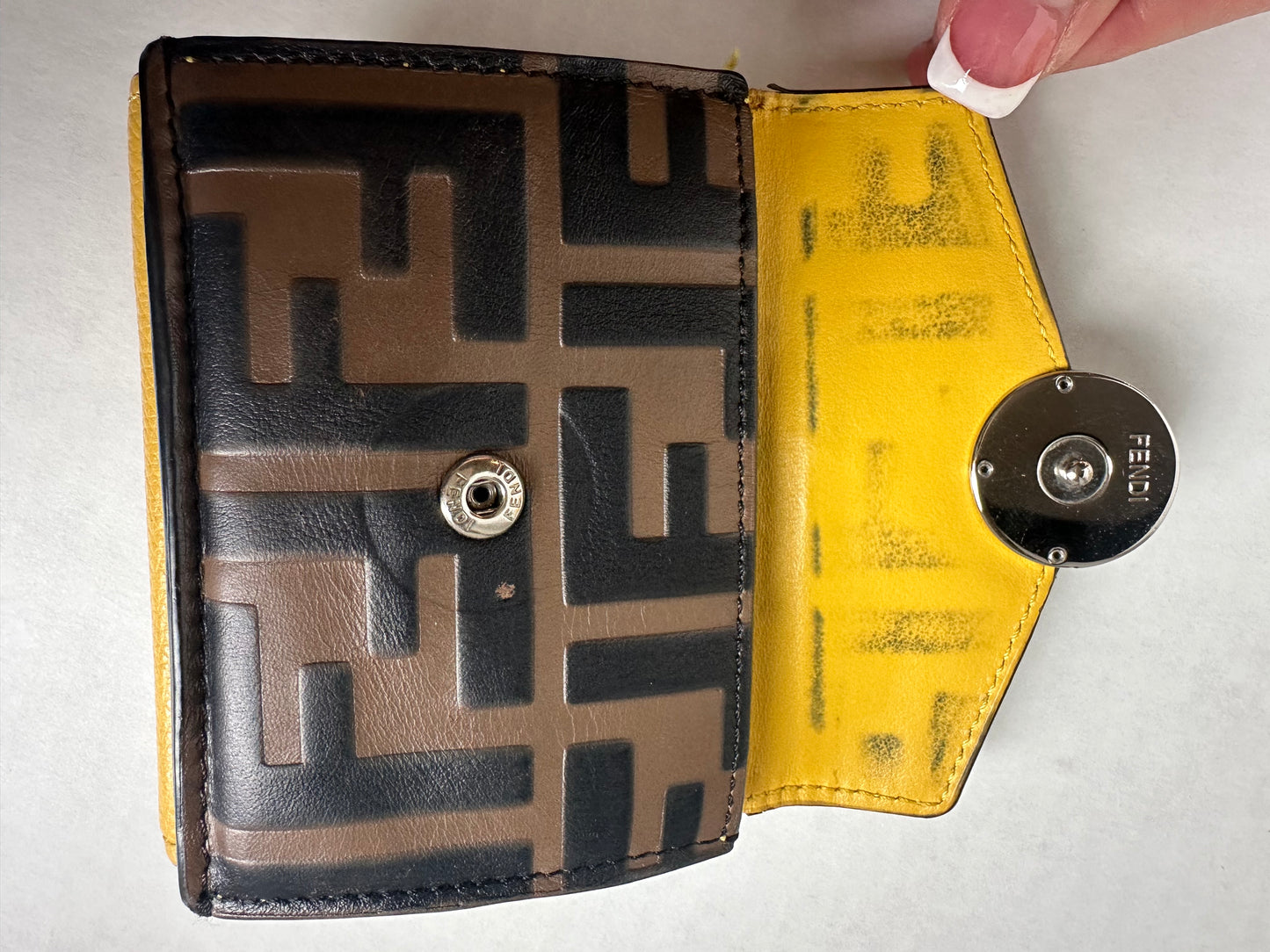 Fendi Zucca Monogram Mini Compact Wallet in Silver Hardware on chain