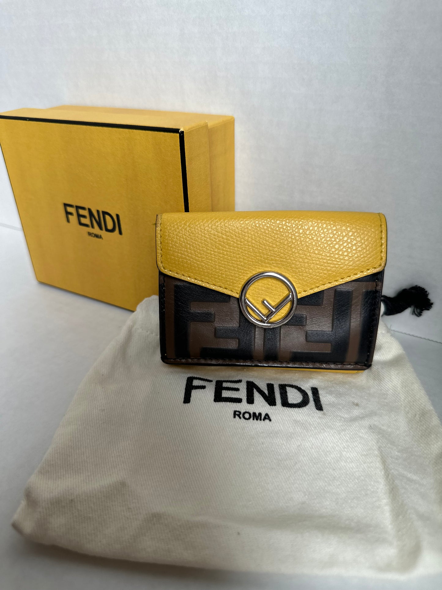 Fendi Zucca Monogram Mini Compact Wallet in Silver Hardware on chain