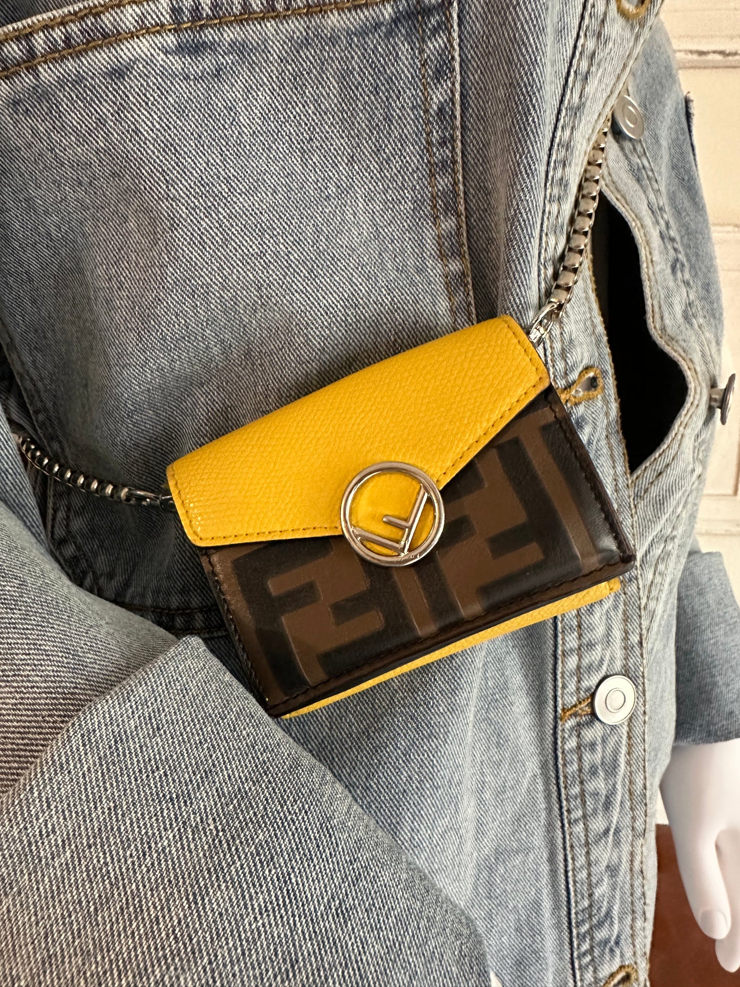 Fendi Zucca Monogram Mini Compact Wallet in Silver Hardware on chain