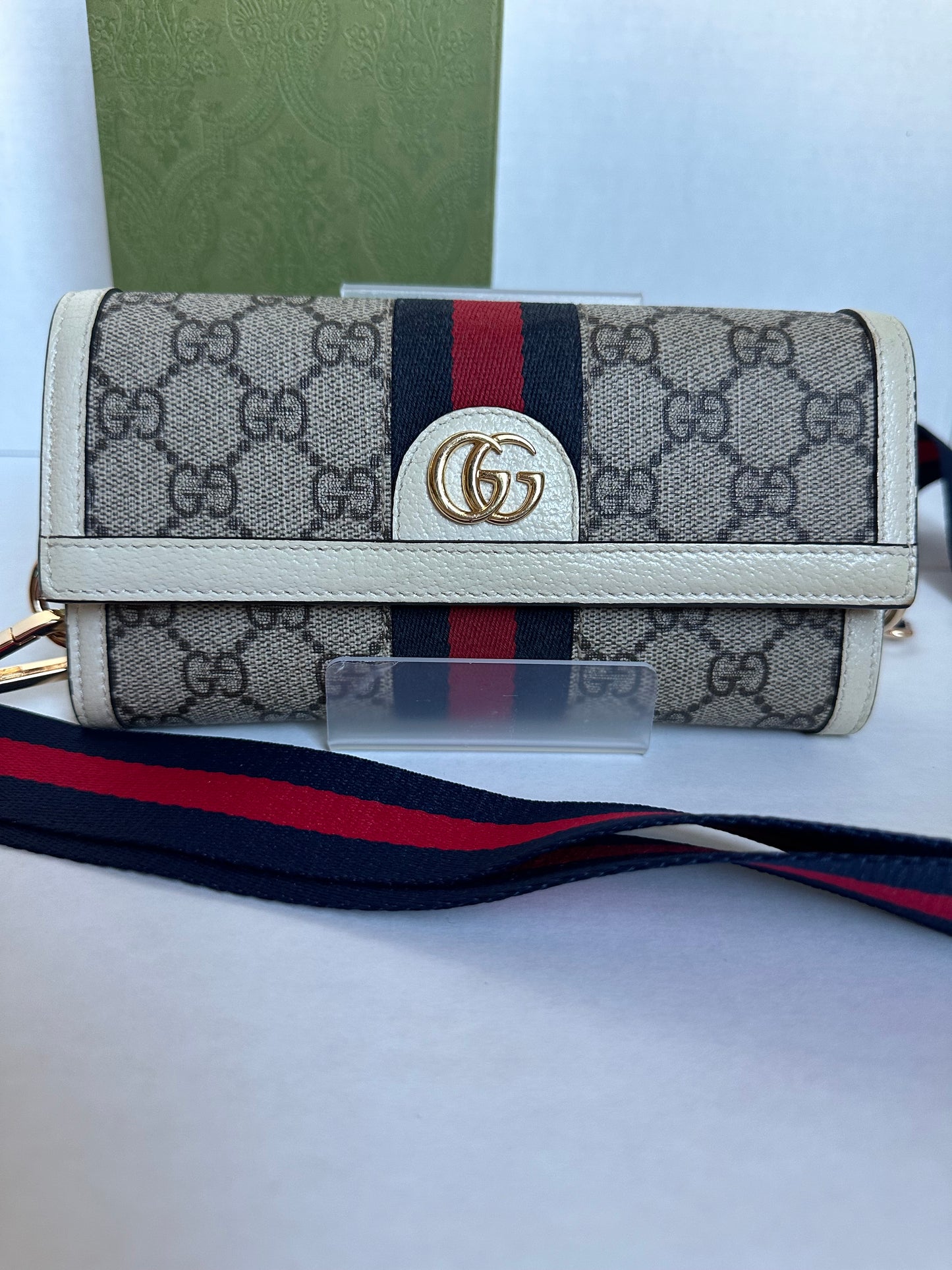 Gucci GG Supreme Monogram Web Ophidia Continental Wallet Beige White