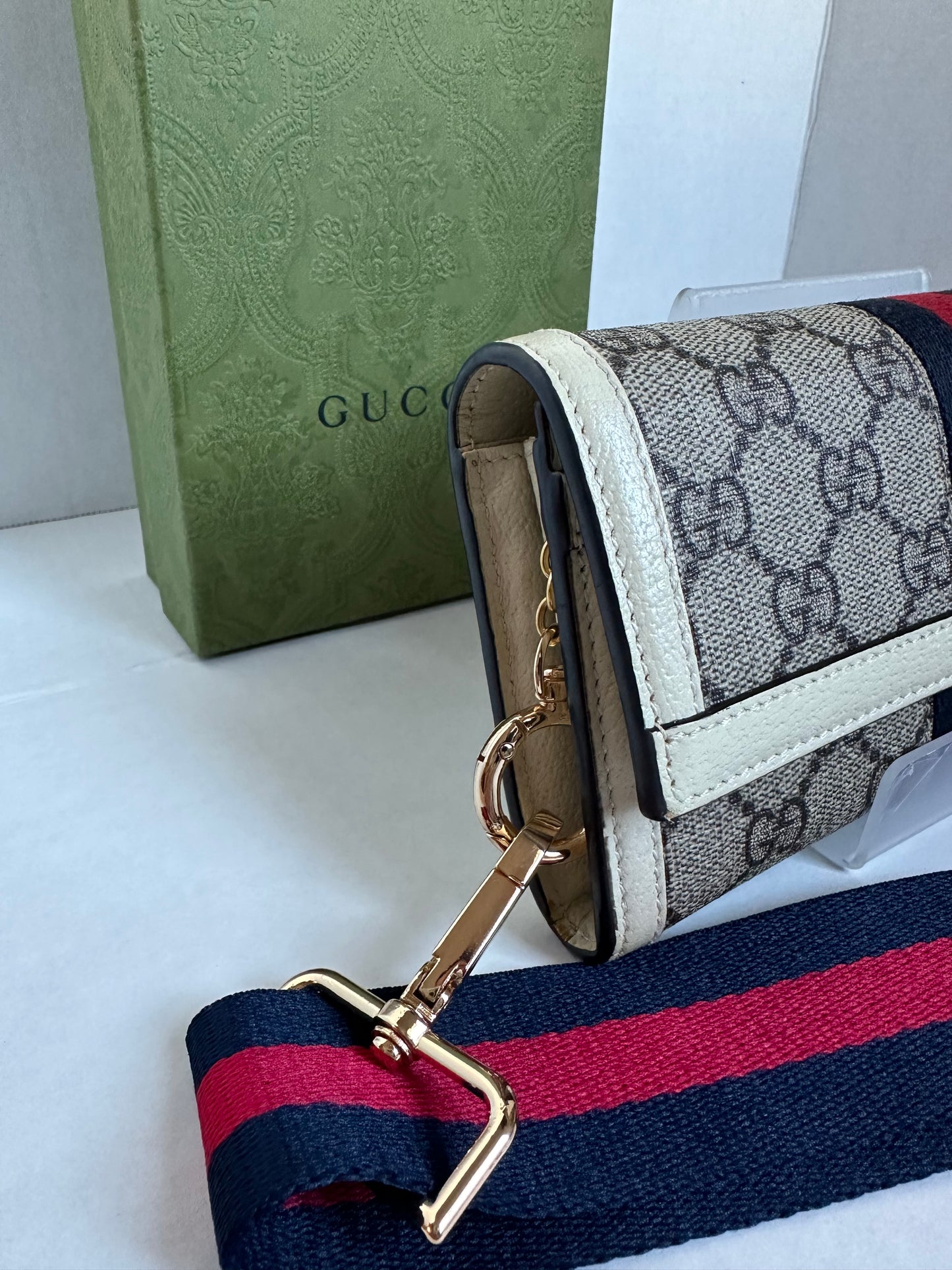 Gucci GG Supreme Monogram Web Ophidia Continental Wallet Beige White