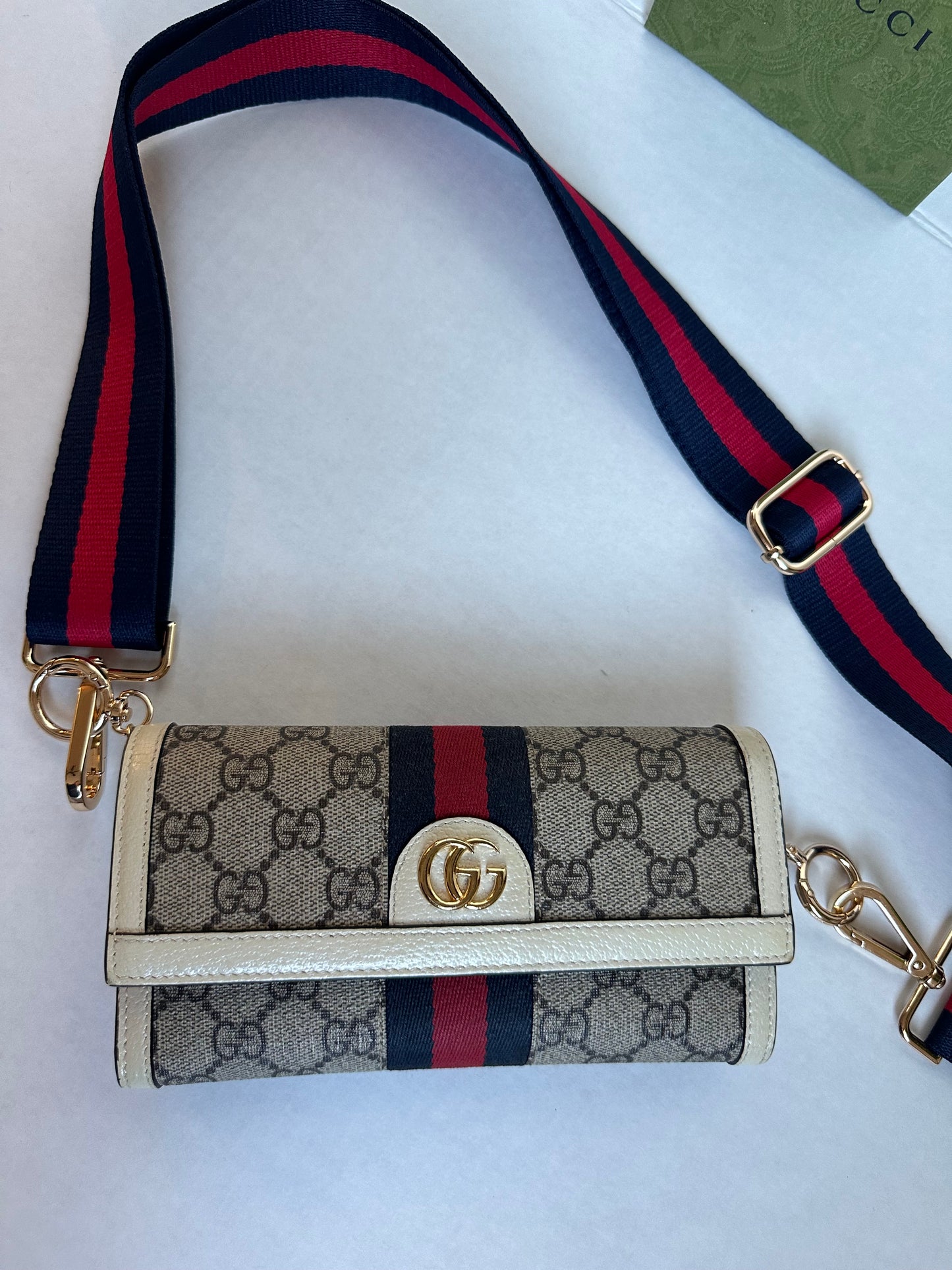 Gucci GG Supreme Monogram Web Ophidia Continental Wallet Beige White