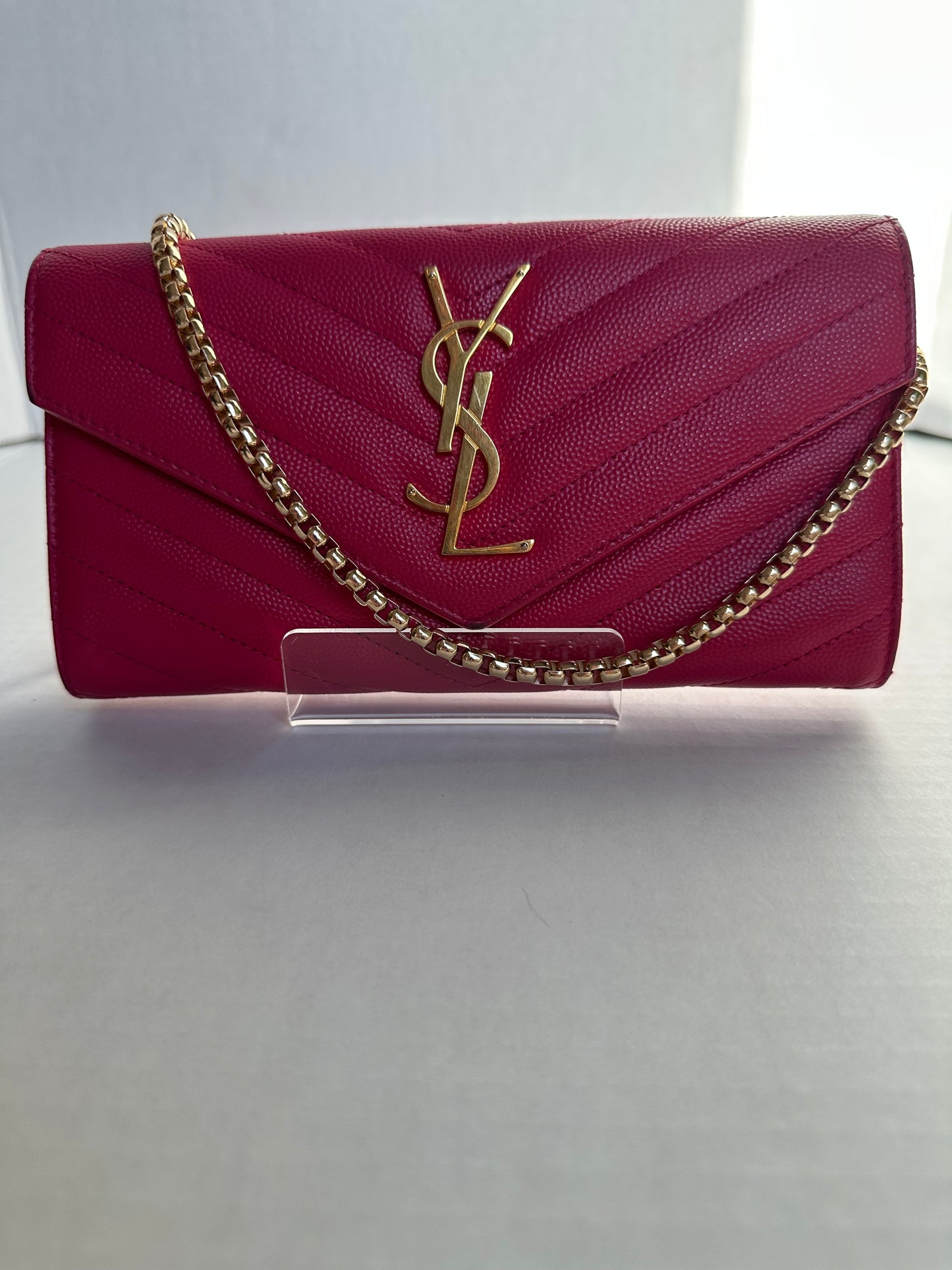 Yves Saint Laurent Caviar Chevron Quilt Leather Flap Crossbody Clutch Wallet