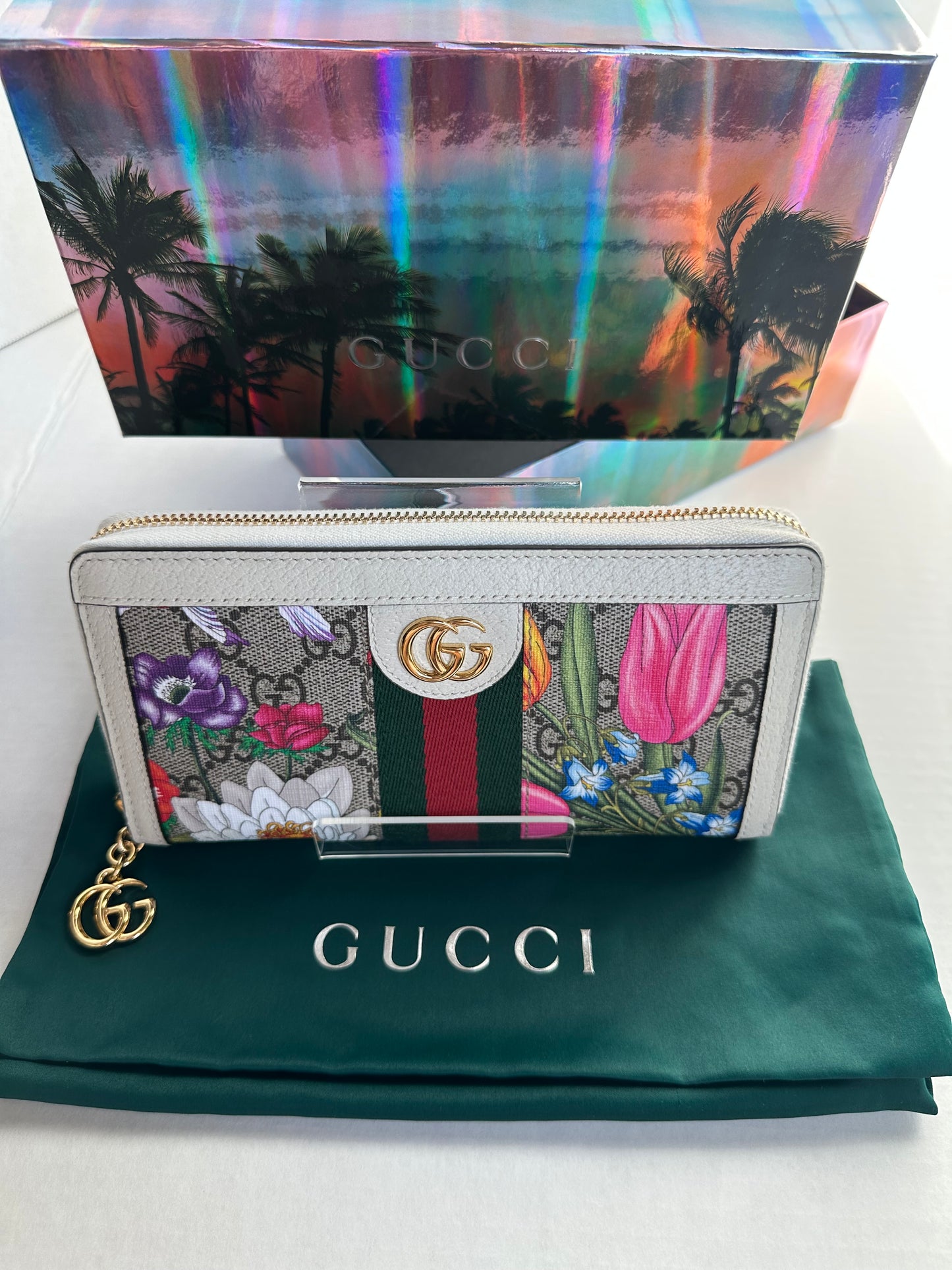 Gucci Ivory Flora Print Zippered Wallet Ophidia NEW