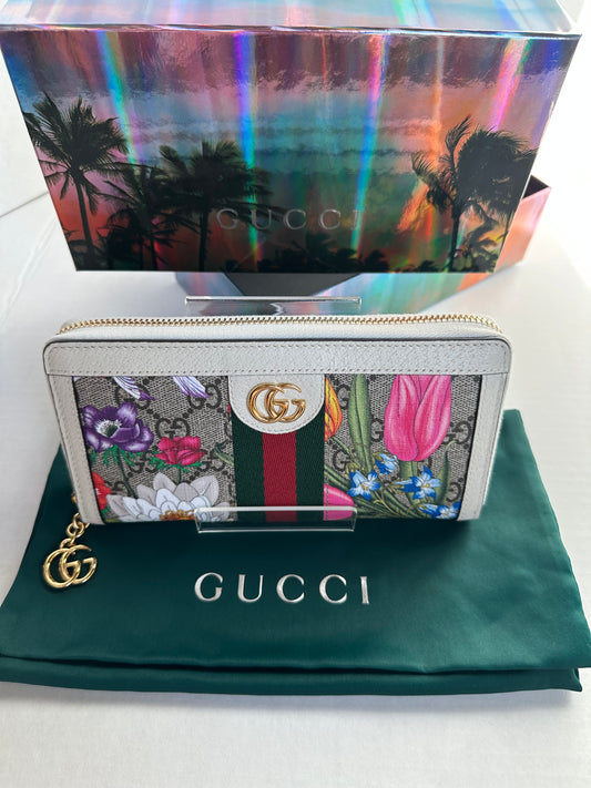 Gucci Ivory Flora Print Zippered Wallet Ophidia NEW