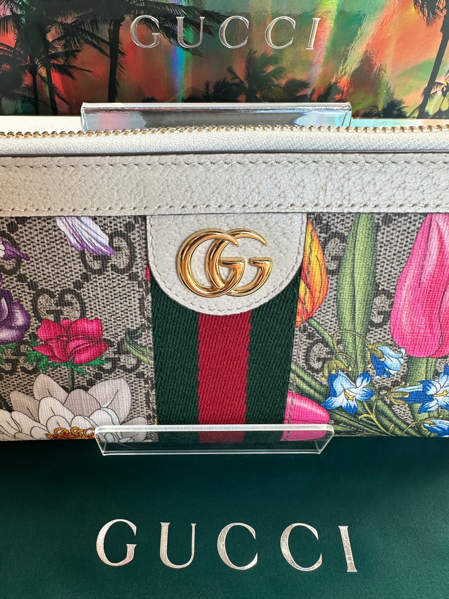 Gucci Ivory Flora Print Zippered Wallet Ophidia NEW