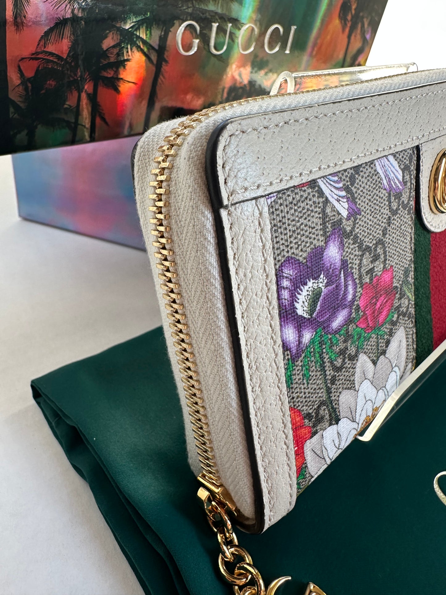 Gucci Ivory Flora Print Zippered Wallet Ophidia NEW