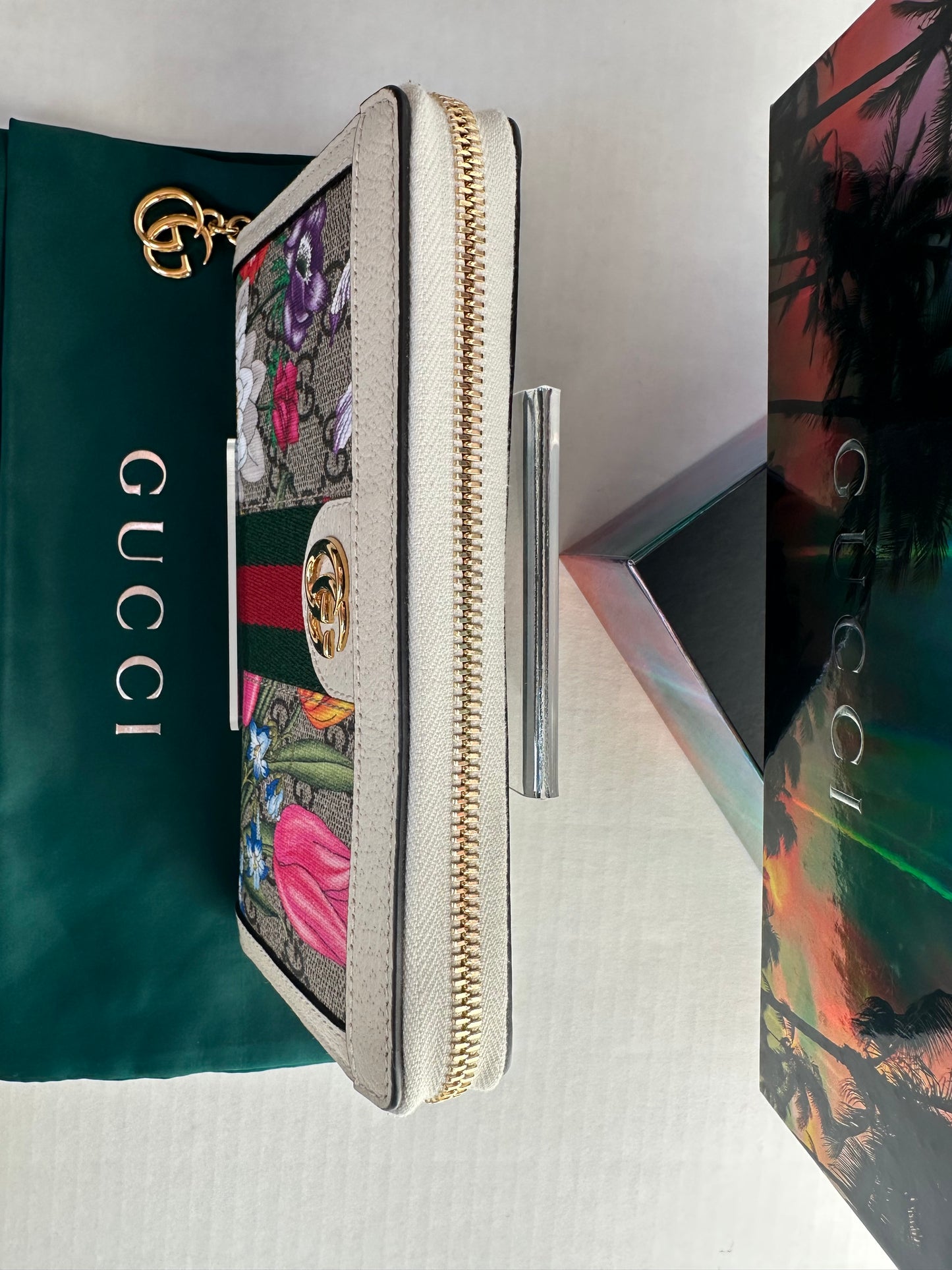 Gucci Ivory Flora Print Zippered Wallet Ophidia NEW