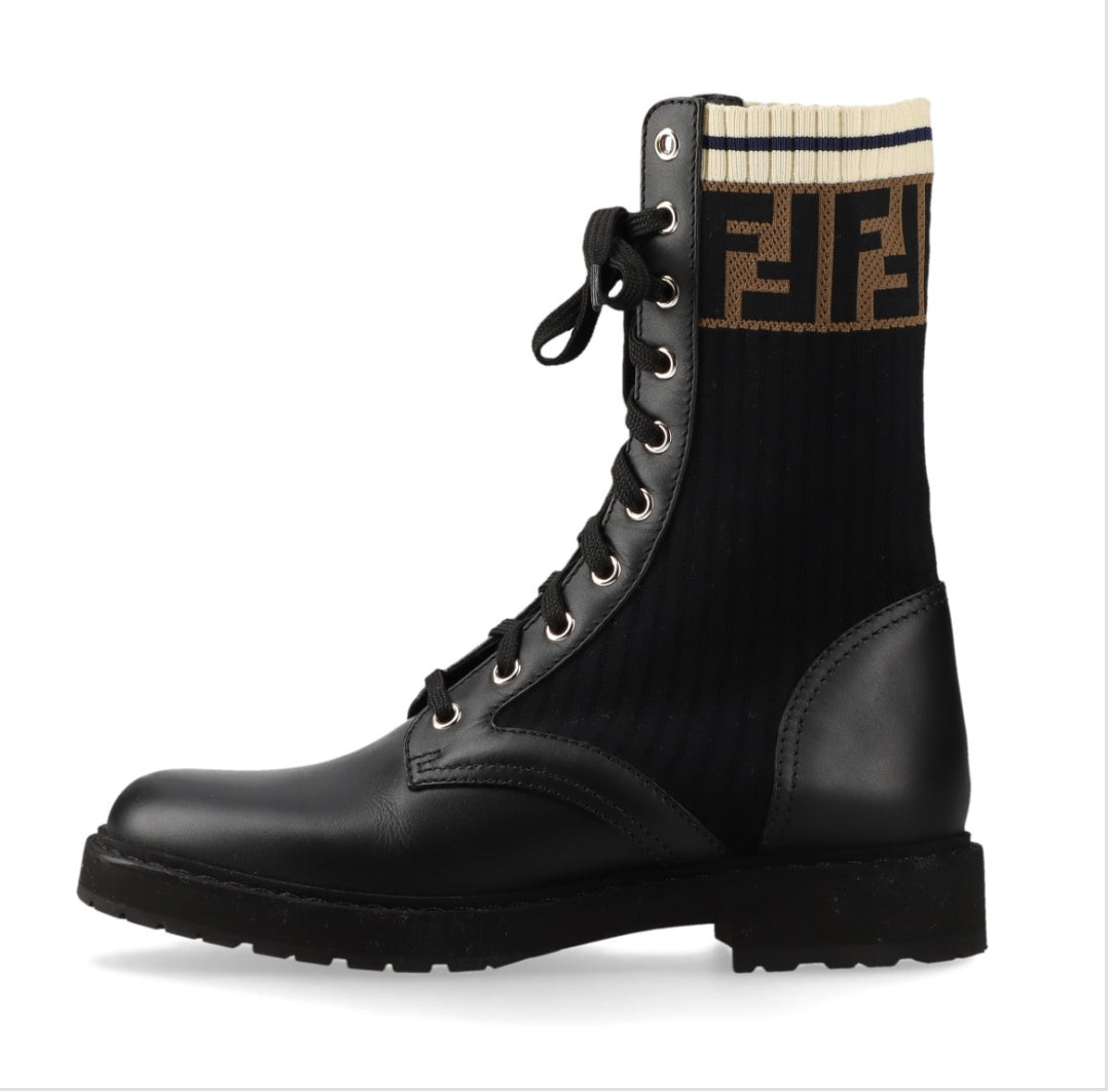 Fendi Rockoko Leather & Knit Combat Boots size 6