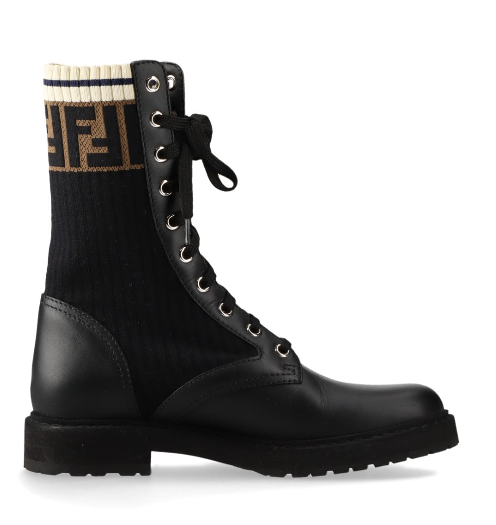 Fendi Rockoko Leather & Knit Combat Boots size 6