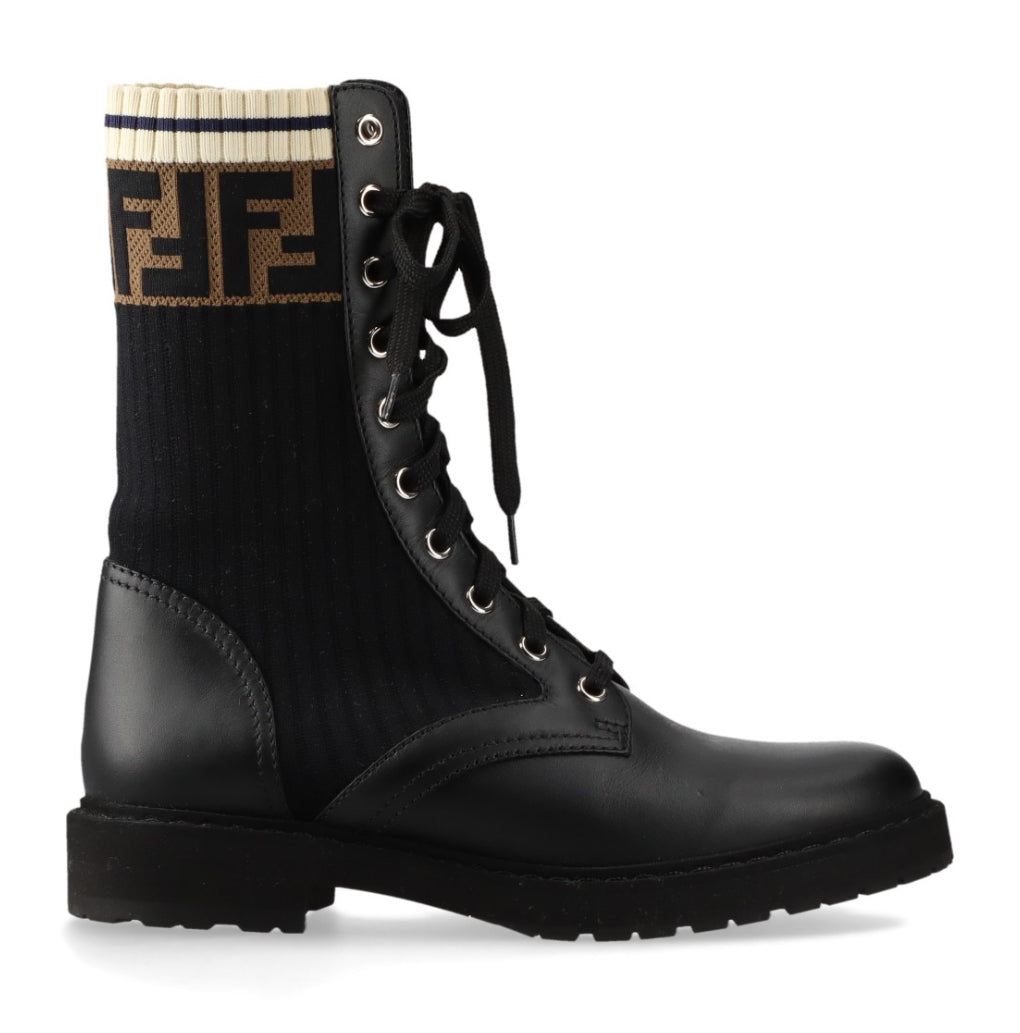 Fendi Rockoko Leather & Knit Combat Boots size 6