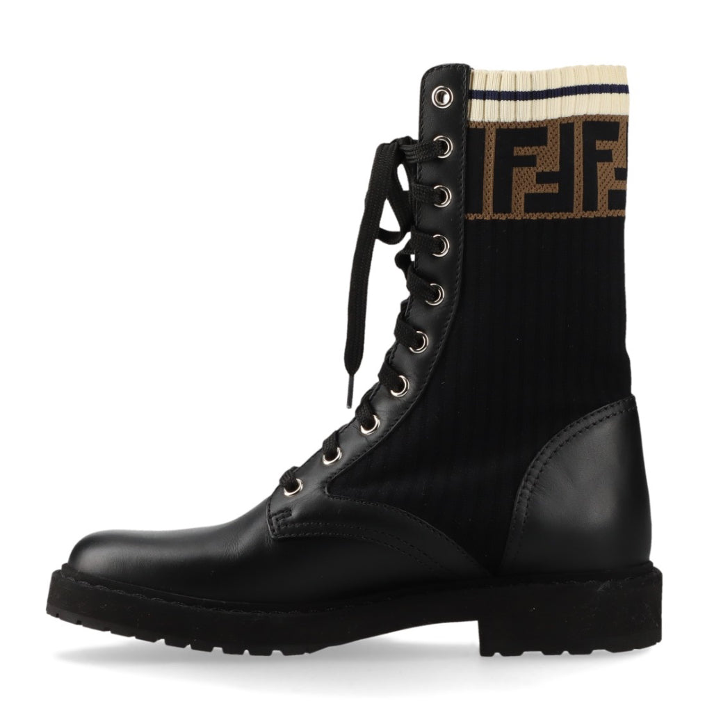 Fendi Rockoko Leather & Knit Combat Boots size 6