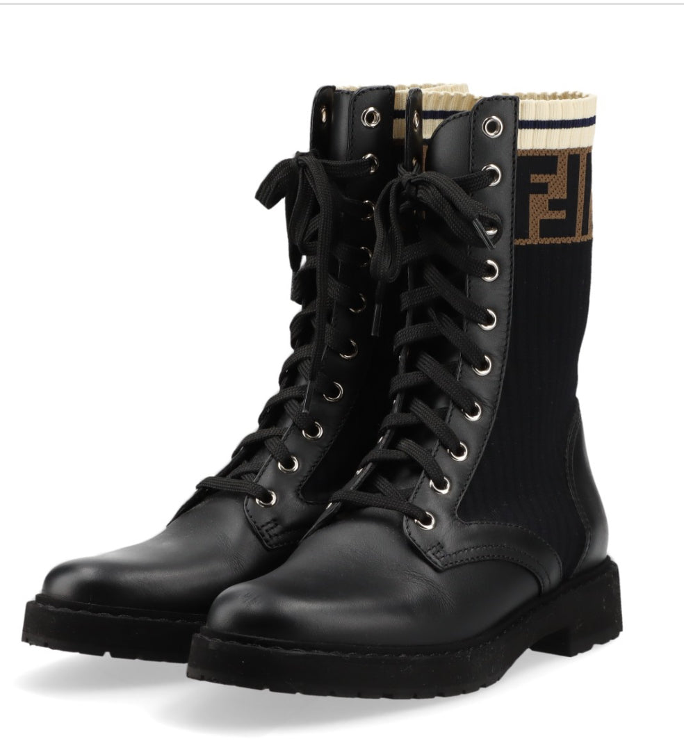 Fendi Rockoko Leather & Knit Combat Boots size 6