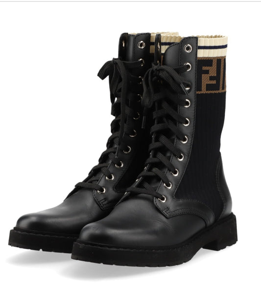 Fendi Rockoko Leather & Knit Combat Boots size 6