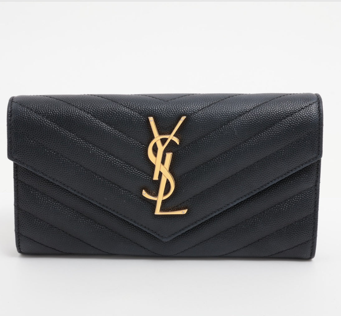 YSL Caviar Leather Flap Crossbody Purse Clutch WOC Black Gold