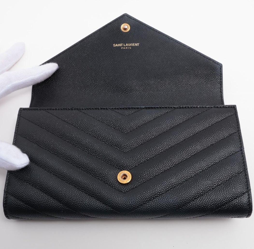 YSL Caviar Leather Flap Crossbody Purse Clutch WOC Black Gold