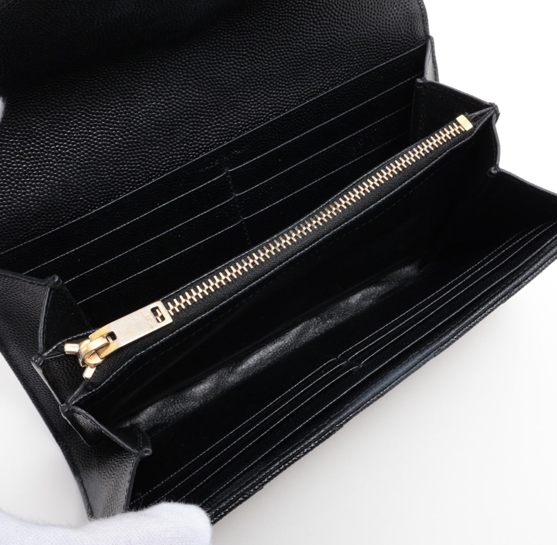 YSL Caviar Leather Flap Crossbody Purse Clutch WOC Black Gold