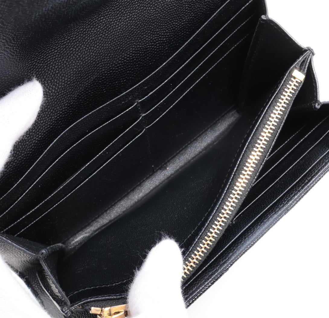 YSL Caviar Leather Flap Crossbody Purse Clutch WOC Black Gold