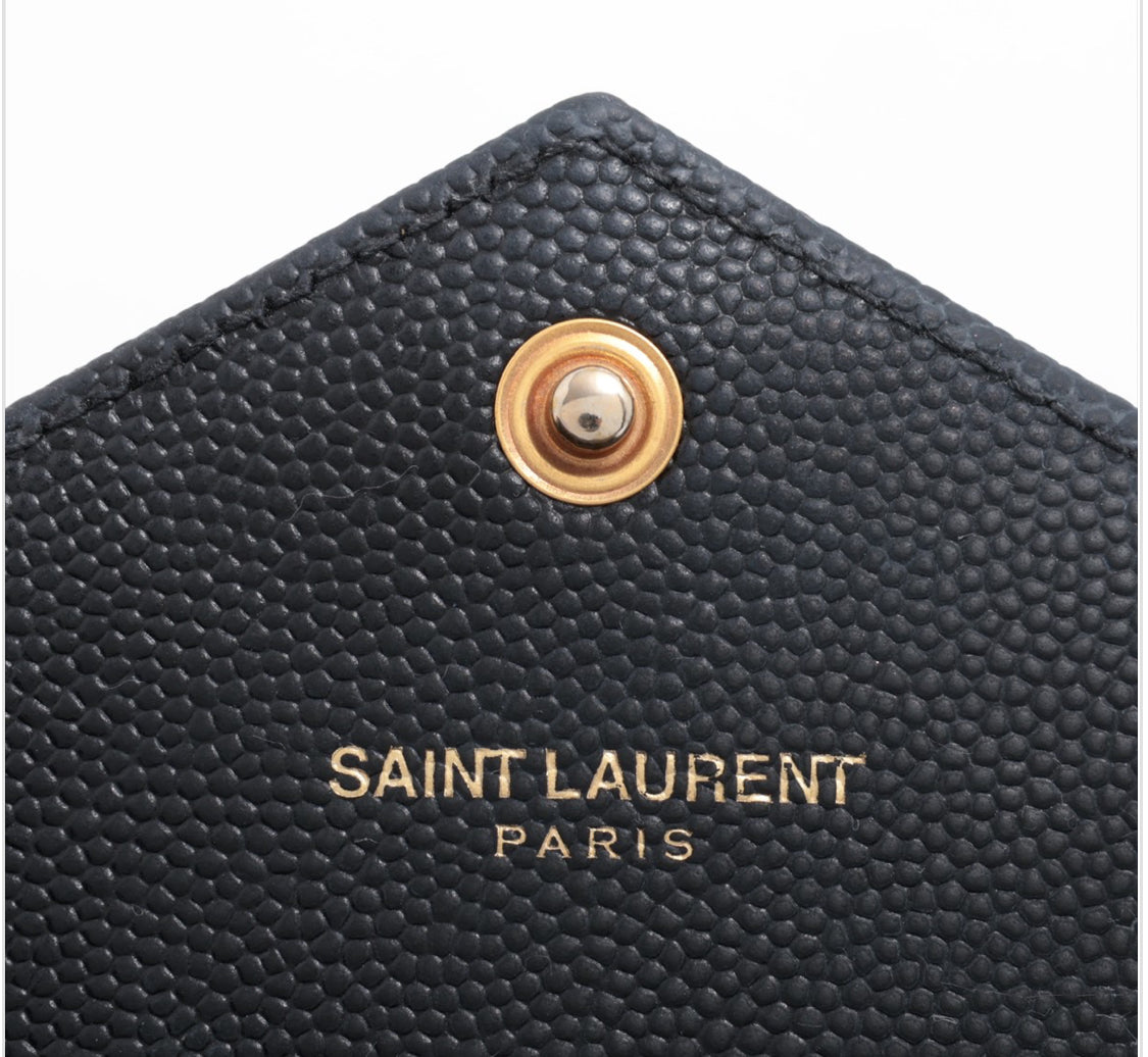 YSL Caviar Leather Flap Crossbody Purse Clutch WOC Black Gold