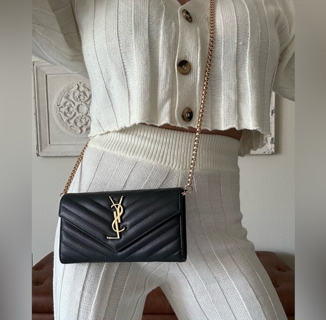 YSL Caviar Leather Flap Crossbody Purse Clutch WOC Black Gold