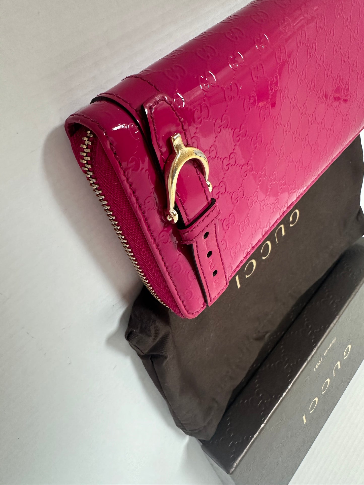 Gucci Fuchsia Patent Guccissima Buckle Wallet