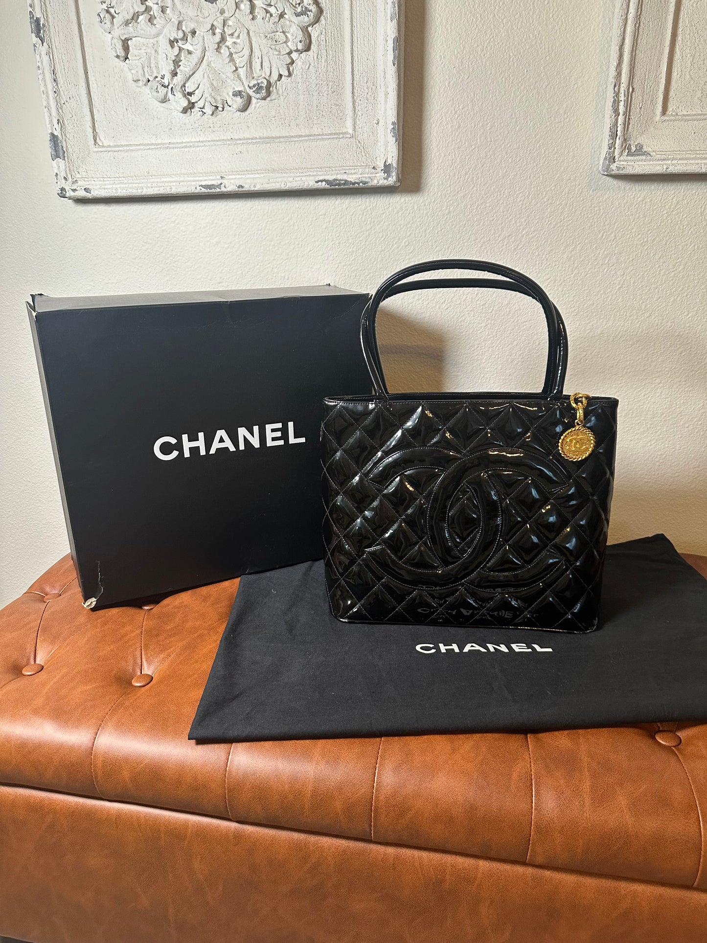 Chanel Black Patent Leather Medallion tote