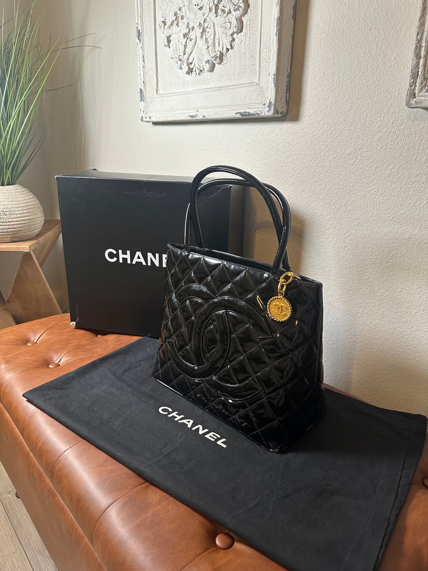 Chanel Black Patent Leather Medallion tote