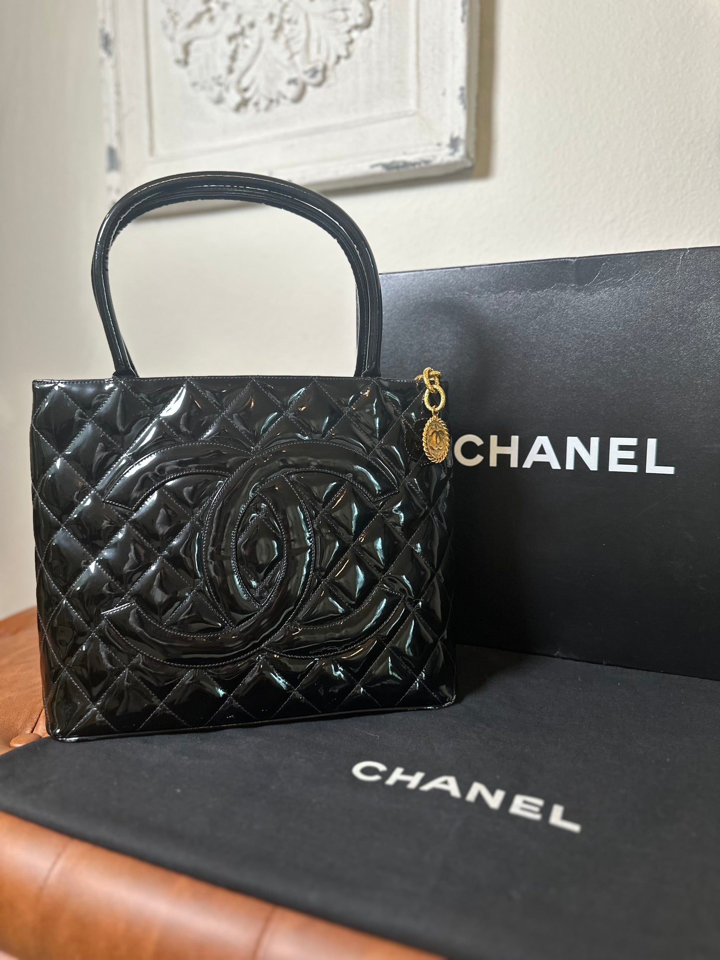 Chanel Black Patent Leather Medallion tote