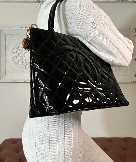 Chanel Black Patent Leather Medallion tote