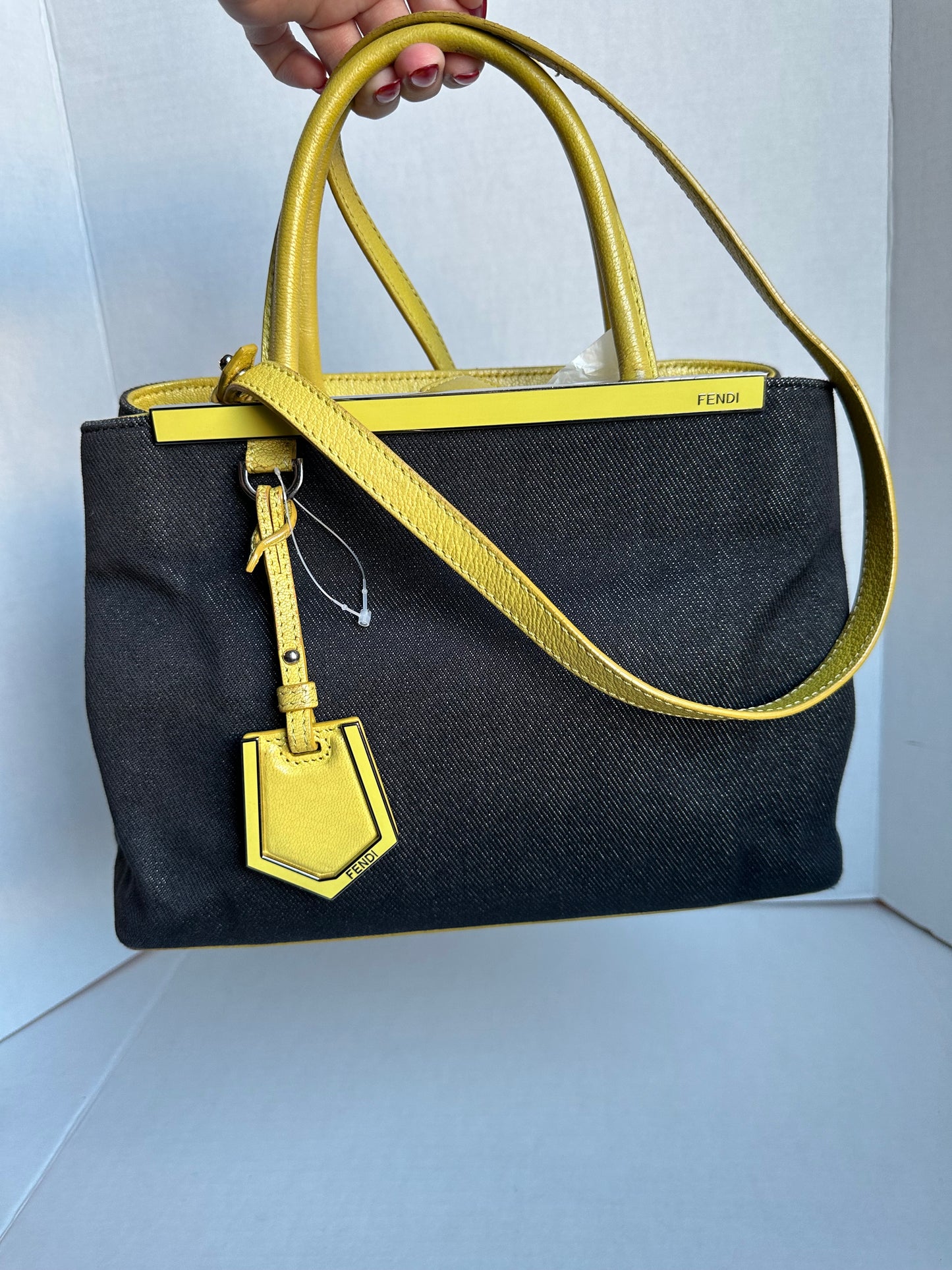 Available Fendi Navy Blue/Yellow Denim and Leather Small 2Jours Tote